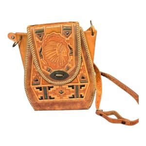 Vintage Handmade Leather Embossed Native Over The Shoulder Bag